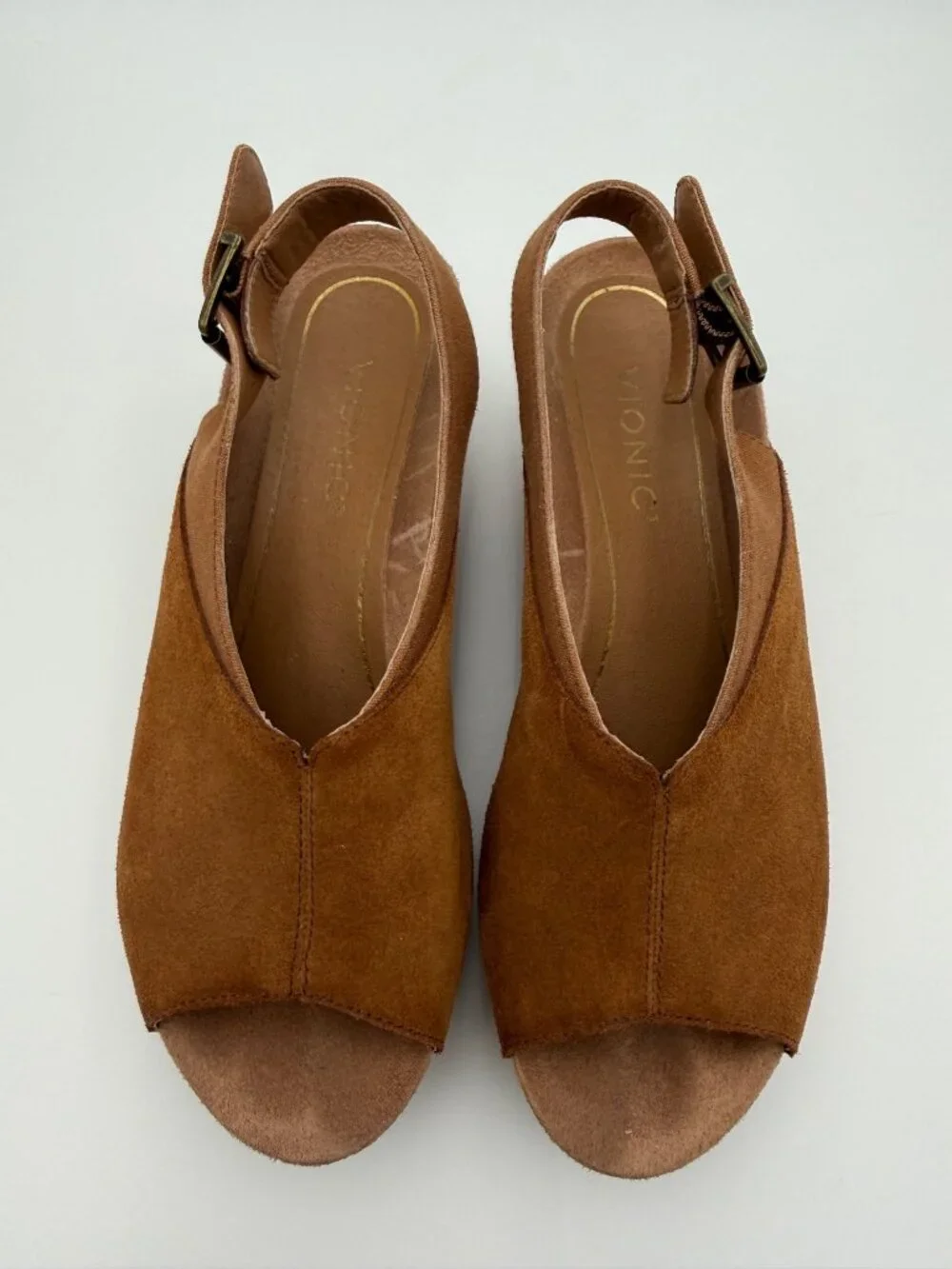 Vionic Women’s Trixie Brown Suede Peep-Toe Wedge  Adjustable Slingback Strap 8 - Picture 2 of 8